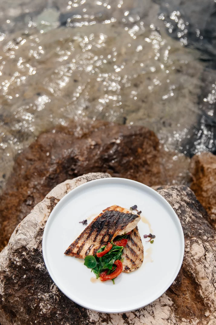 Beautiful dish presented near the Adriatic, clear sea on the Omiš riviera
