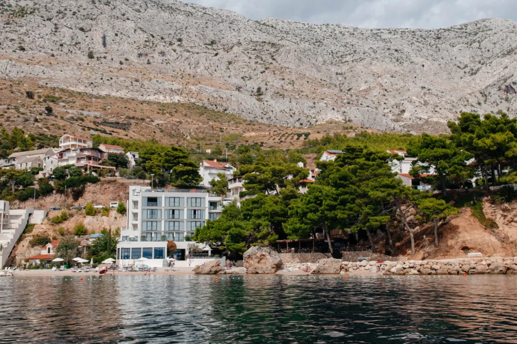 A seaside view of Medistone Hotel in Omiš, Croatia